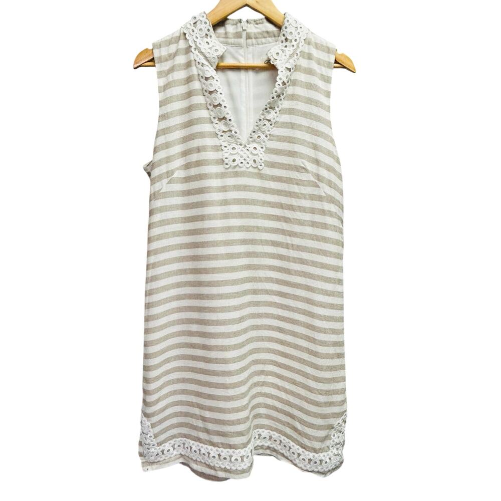 Eliza J Sleeveless Embroidered Linen Sheath Dress 12 White Tan Striped Lace Zip